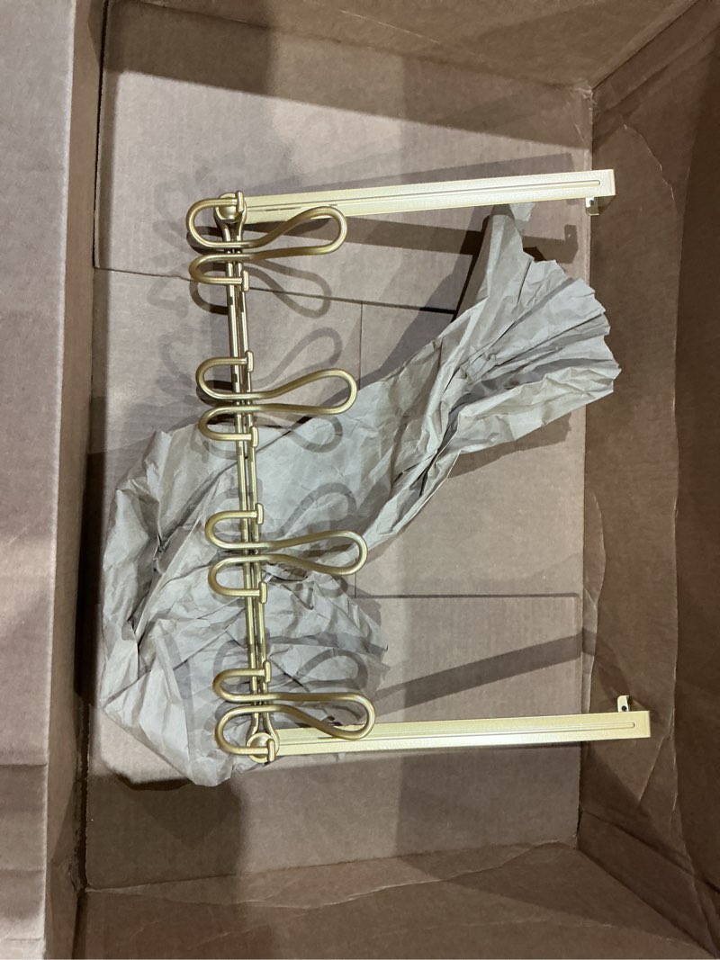 Condition photo showing As Is for double prong over the door hook rack, with 4 triple hooks to hang your coats, hats, towels, purses and more in your bathroom, bedrrom or walk-in closets - gold
