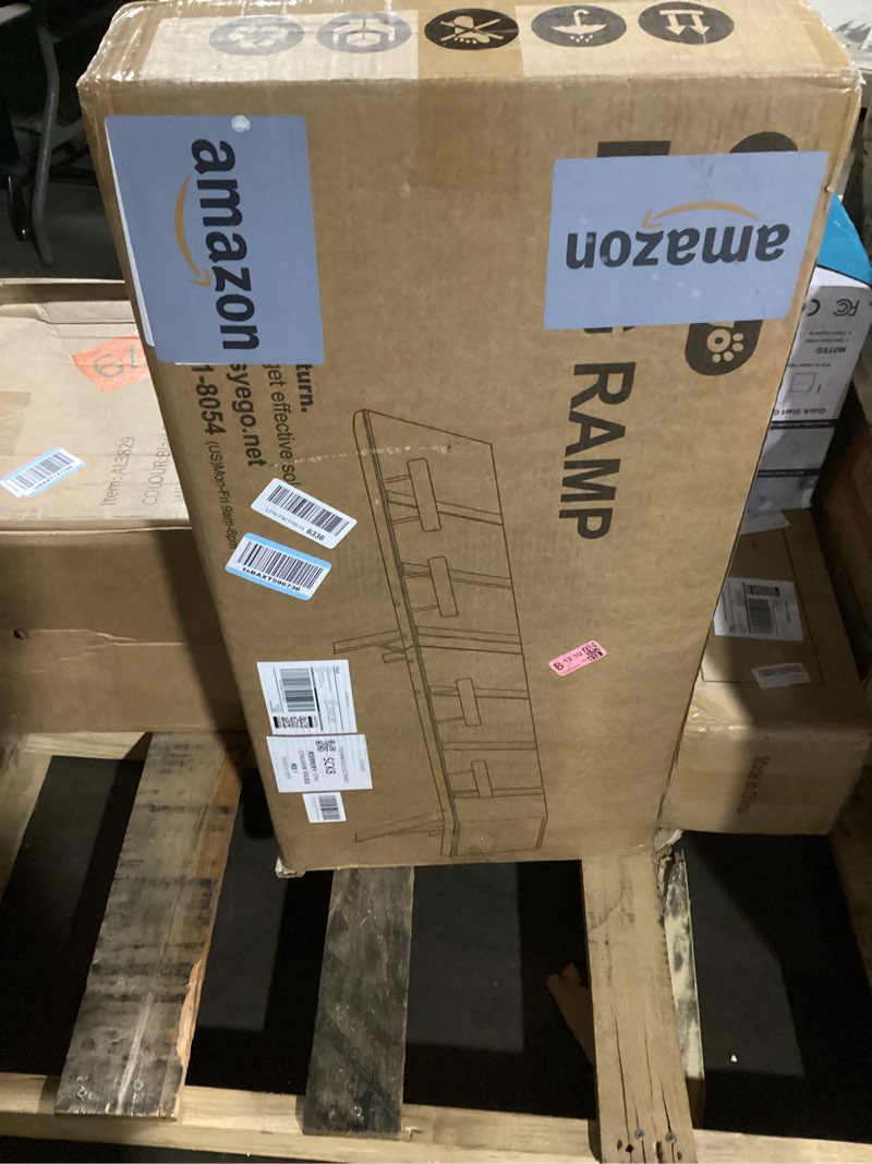 Condition photo showing New/Like New for Easyego Foldable Dog Ramp for Bed, 74" Wood Pet Ramp with Side Rails and High Traction Carpet, 22° Gentle Long Slope, Top Landing Platform, Supports up to 200 LBS for Senior Dogs - Vintage Walnut