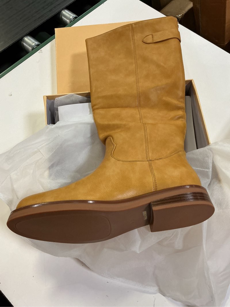 Condition photo showing New/Like New for women's knee high boots chunky heel square toe tall boots for women low heel back zipper boots size 8.5 banana-yellow