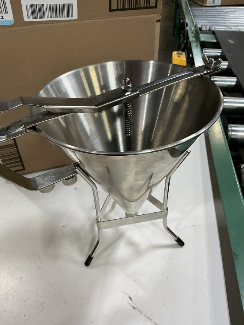 Condition photo showing Good Condition for stainless steel confectionery funnel dispenser with precision nozzles – includes 1/8", 1/4", and 1/3" tips – ideal for chocolate, sauces, batter, and pastry work