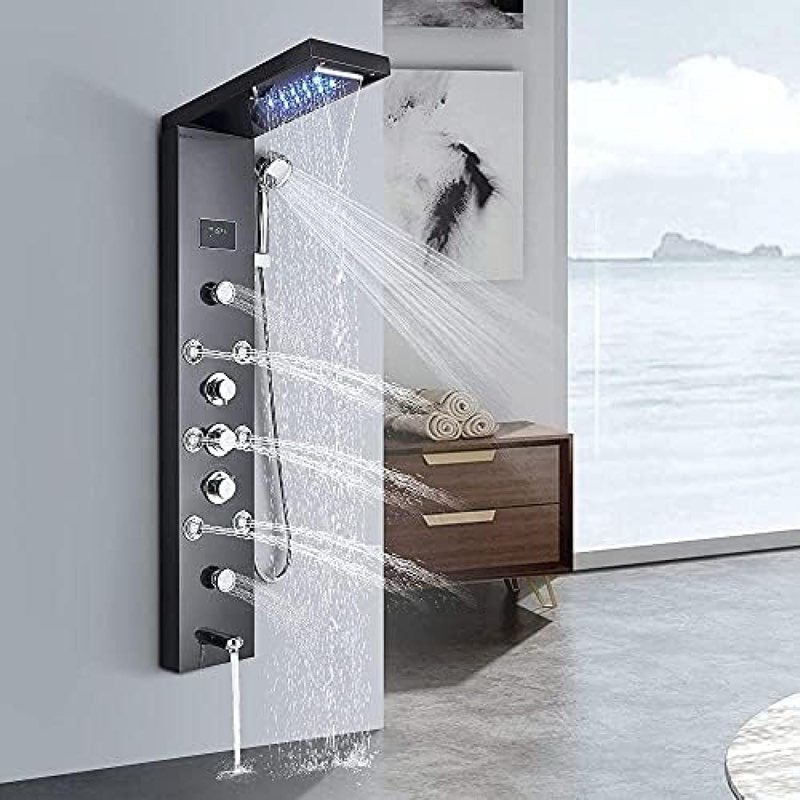 bathroom shower panel tower system led temperature display body massage jets shower set waterfall rain shower head 6 functions temperature