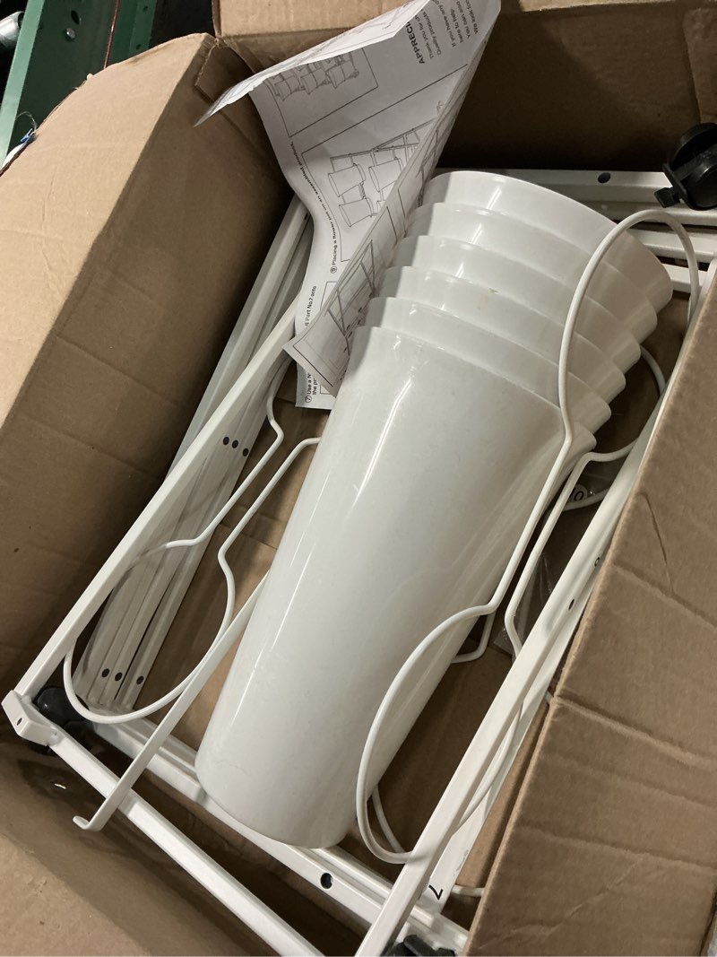 Condition photo showing As Is for invech flower display stand with 6 buckets and wheels, 3 tier white flower cart display stand for indoor outdoor garden, wedding, flower shop (existing patent) white 6 buckets