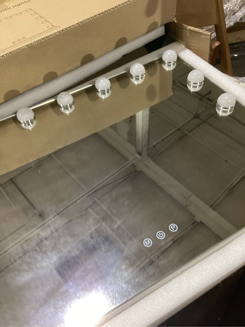 Condition photo showing As Is for hollywood vanity mirror, 15 led bulbs?3 color lights?beautiful make up lighted mirror, aluminum metal frame?23" x 18"? white 23"l x 18"w