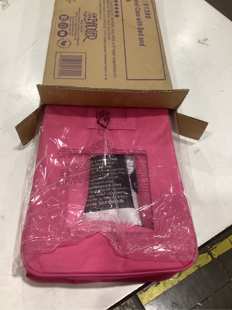 Condition photo showing Good Condition for badger basket doll travel case with bed, blanket, pillow, mesh storage & peek-a-boo window - fits girl dolls - portable luggage carrier with straps for pretend play & accessories - hot pink