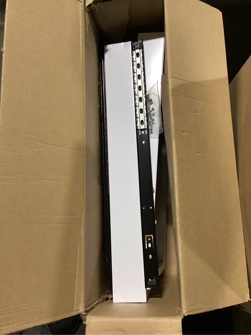 Condition photo showing As Is for 2 pack pull out cabinet organizers 21" deep with raising pad for framed cabinets, expandable width (15.2"-26.3") slide out drawers upgrade 3 slide rails, roll out shelves adhesive, white white 15.2"-26.3"wide x 21"deep(2 pack)