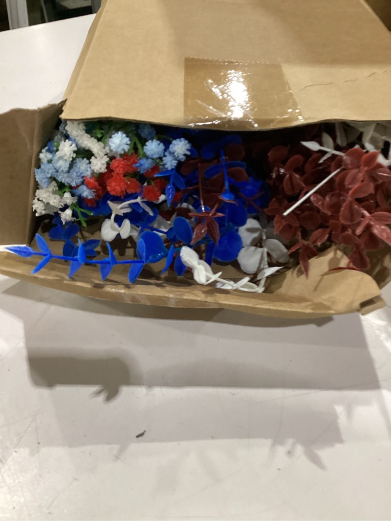 Condition photo showing Good Condition for sosation 100 4th of july artificial flowers 250th anniversary table decorations red white blue patriotic roses eucalyptus stems artificial flowers arrangement faux eucalyptus leaves for memorial day