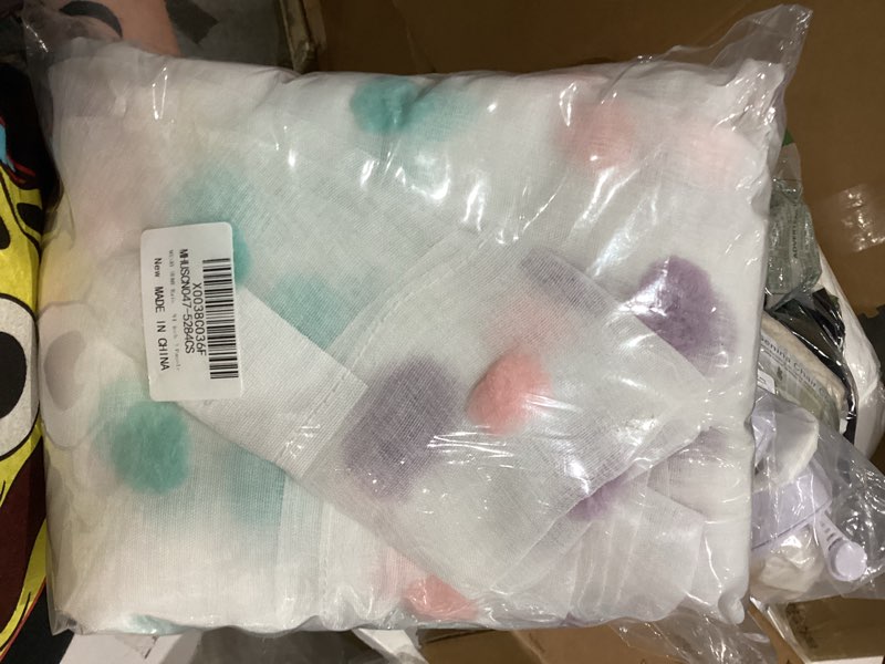 Condition photo showing New/Like New for MYSKY HOME Rainbow Pom Pom Curtains for Living Room Light Filtering 84 Inch Long Bedroom Curtains for Nursery Girls Kids Room Rod Pocket Bohemian Voile Window Drapes 52 x 84 inch 2 Panels 52"W x 84"L (Pack of 2) Rainbow Pom Pom