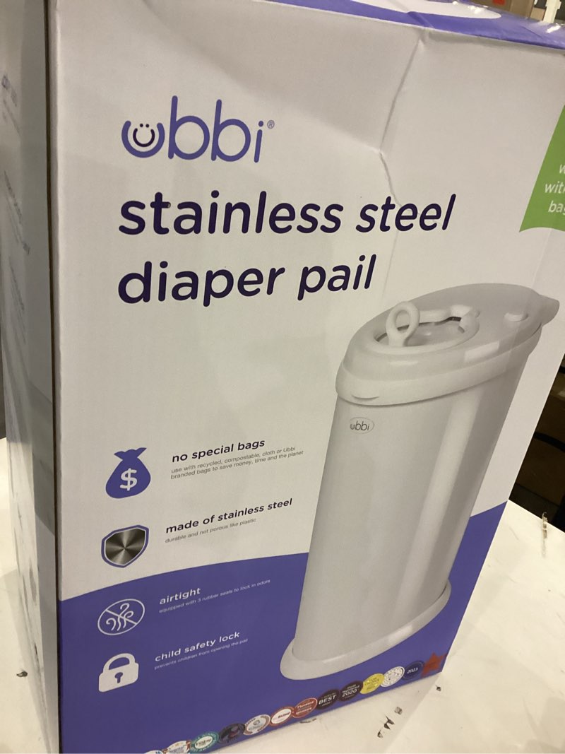 Condition photo showing New/Like New for Ubbi Steel Diaper Pail, Odor Locking, No Special Bag Required, Award-Winning, Registry Must-Have, White
