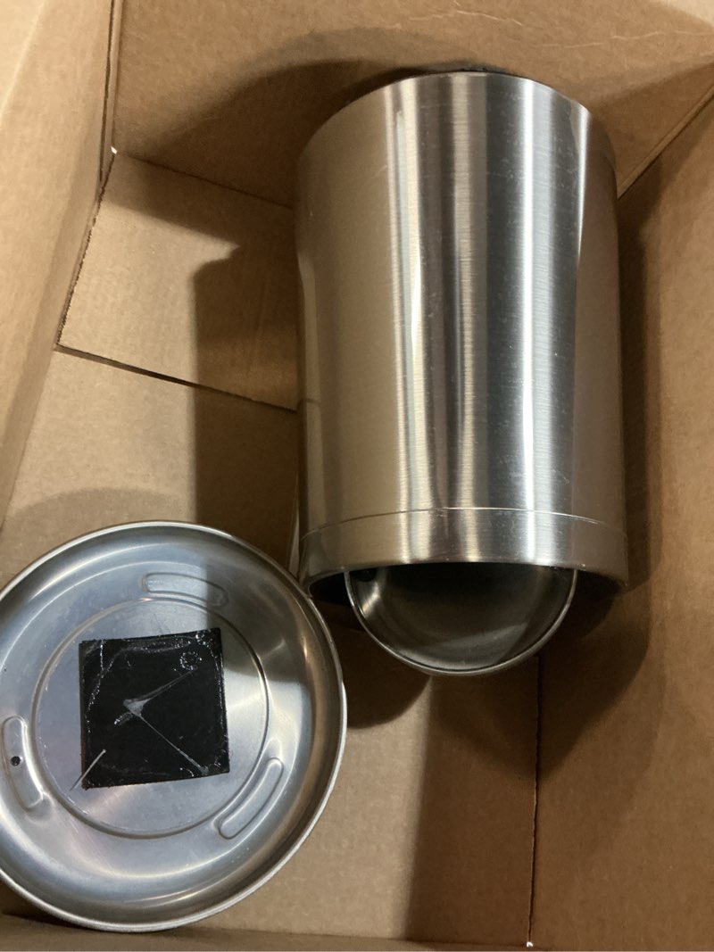 Condition photo showing As Is for 8l/2.1gal brass garbage can?brushed nickel bathroom trash can with lid,stainless steel,samll wasebasket for bathroom,powder room,bedroom,laundry room (silver-32-8l)