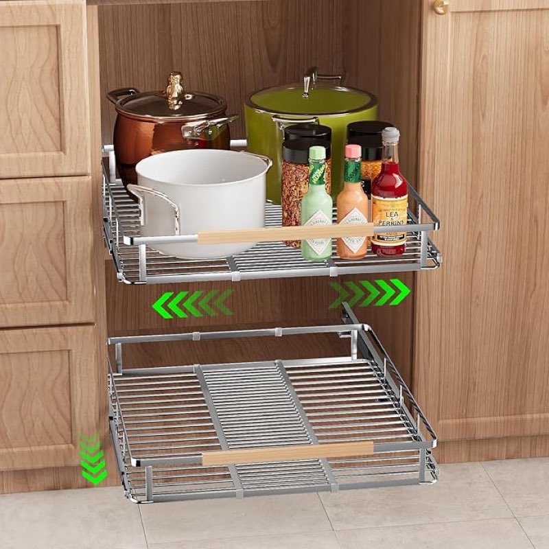 expandable pull out drawers for cabinets, kitchen cabinet slide out shelves, adjustable roll out drawers, x-large 2 pack