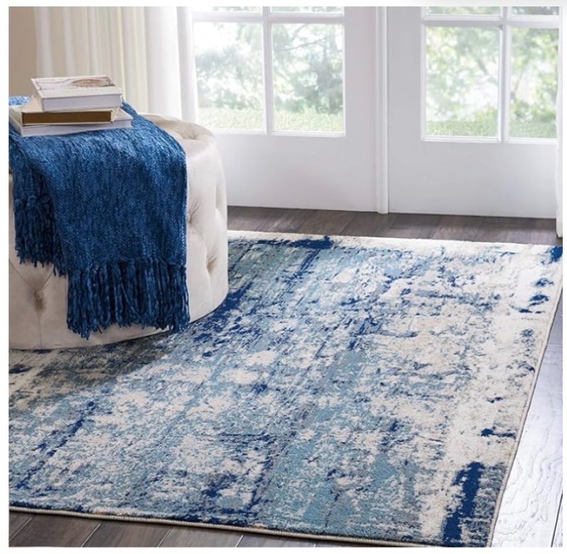 (similar to stock photo) nourison home maxell ivory/blue  area rug - easy clean, non shedding, bed room, living room, dining room, kitchen (8’x10’ )