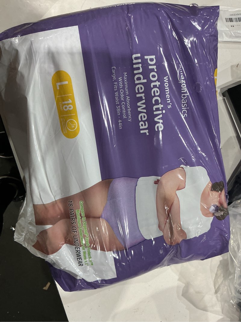 Condition photo showing New/Like New for amazon basics incontinence underwear for women, maximum absorbency, fresh protection, postpartum, disposable, odor protection, comfortable fit, large, lavender, 54 count (3 packs of 18) large 54.0
