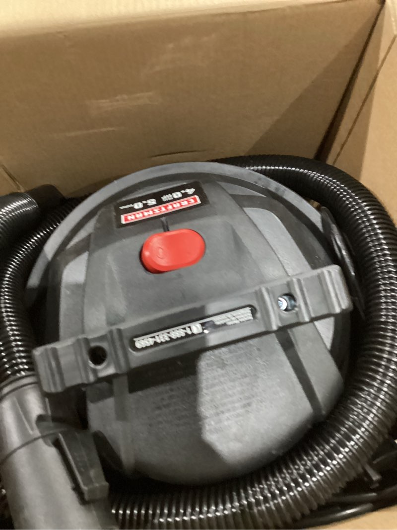 Condition photo showing As Is for craftsman 5-gallon 4-hp corded wet/dry shop vacuum with accessories included