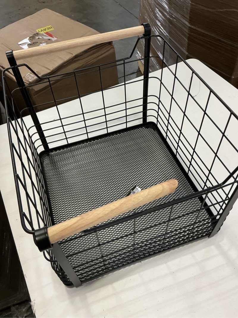Condition photo showing As Is for large wire natural wood handles milk crate black - brightroom™: powder-coated metal storage basket with handles
