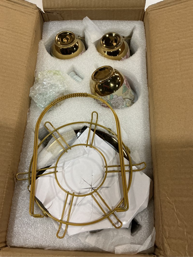 Condition photo showing As Is for 20 pcs porcelain tea set with metal holder, european ceramic tea set for adults, adult tea set gift, flower tea cup saucer set for party with gold flower painting (elegant purple/500ml)