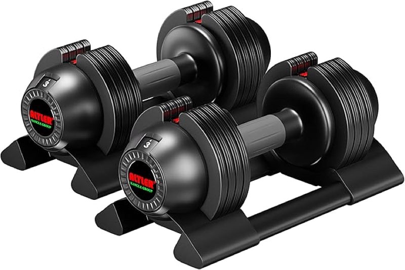 adjustable dumbbell,22lbs 44lbs 52lbs dumbbell set with tray for fitness, fast adjust weight by turning anti-slip handle, safety with 8 lock slots, suitable for men and women