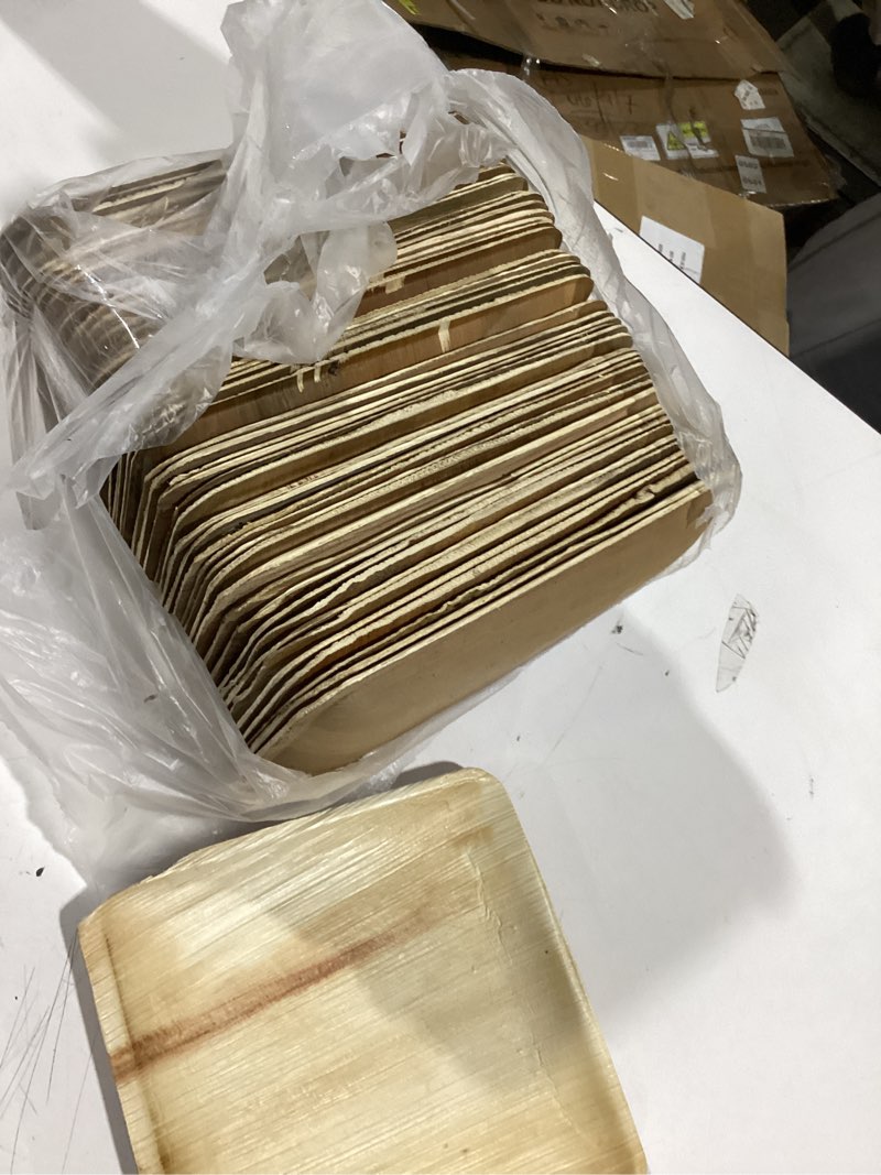 Condition photo showing As Is for premium 6 inch square bamboo plates disposable - 50 pack - biodegradable palm leaf dessert plates for appetizers and cocktail party - compostable and eco-friendly 50 pack 6" square