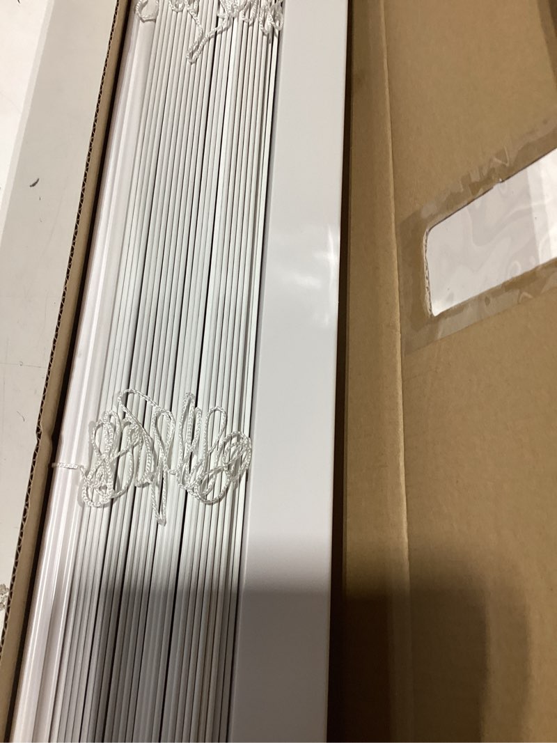 Condition photo showing As Is for allen + roth trim at home 2-in slat width 35-in x 48-in cordless white faux wood room darkening horizontal blinds