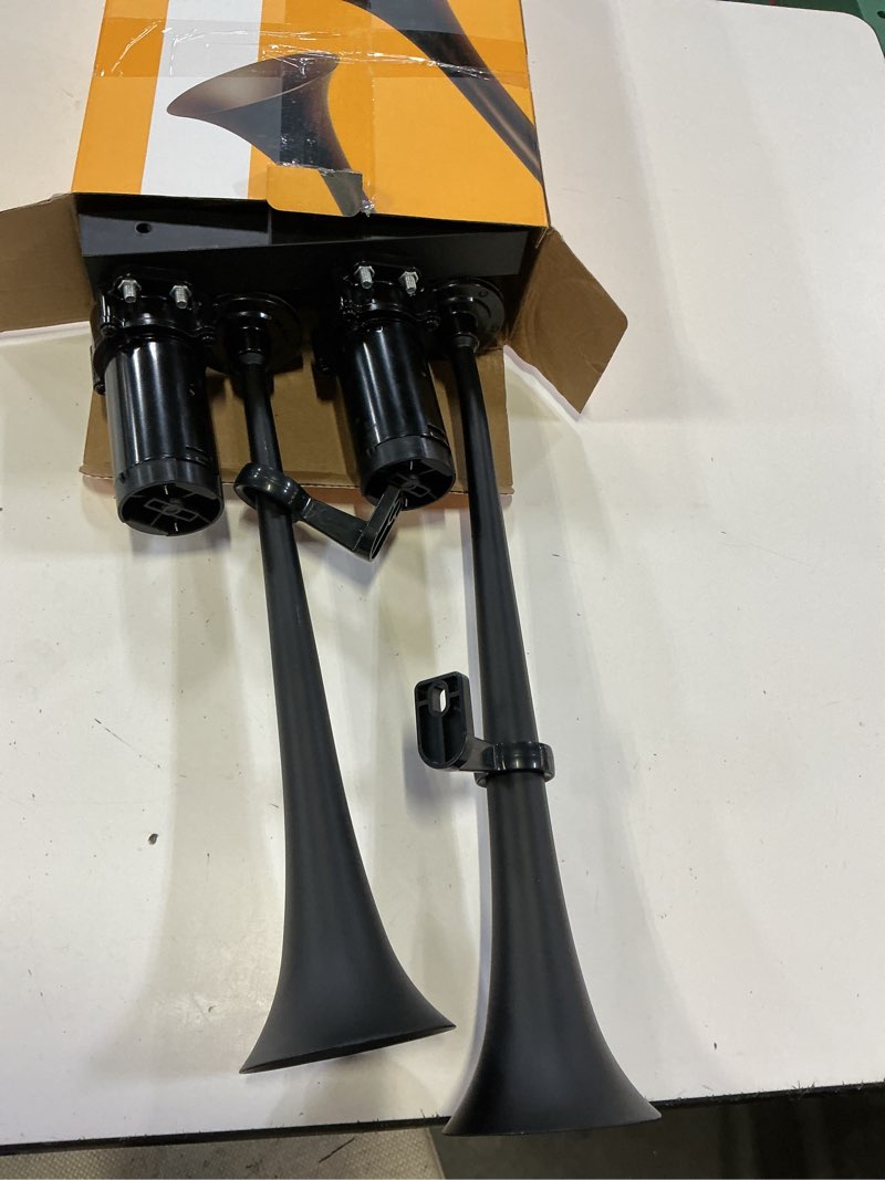 Condition photo showing Good Condition for farbin dual trumpet air horn, 12v train horn for truck with 2 air compressors,178db loud horns for any 12v vehicles trucks pickups suv lorrys boats (black integrated trumpet with button)