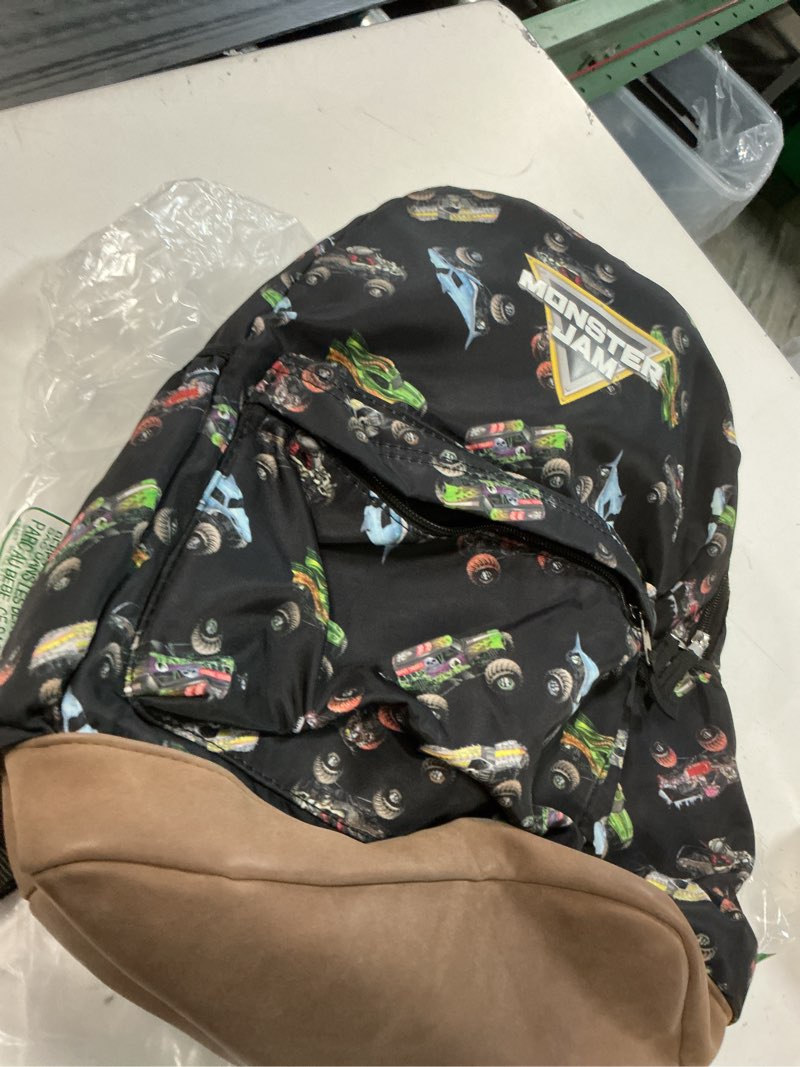 Condition photo showing As Is for intimo monster jam trucks dragon zombie grave digger megalodon all over print backpack 16" one size