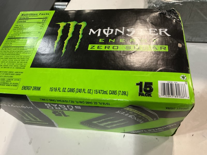 Condition photo showing New/Like New for (Unknown expiration). Monster Energy Zero Sugar, Green, Original, Low Calorie Energy Drink, 16 ounce (Pack of 15)