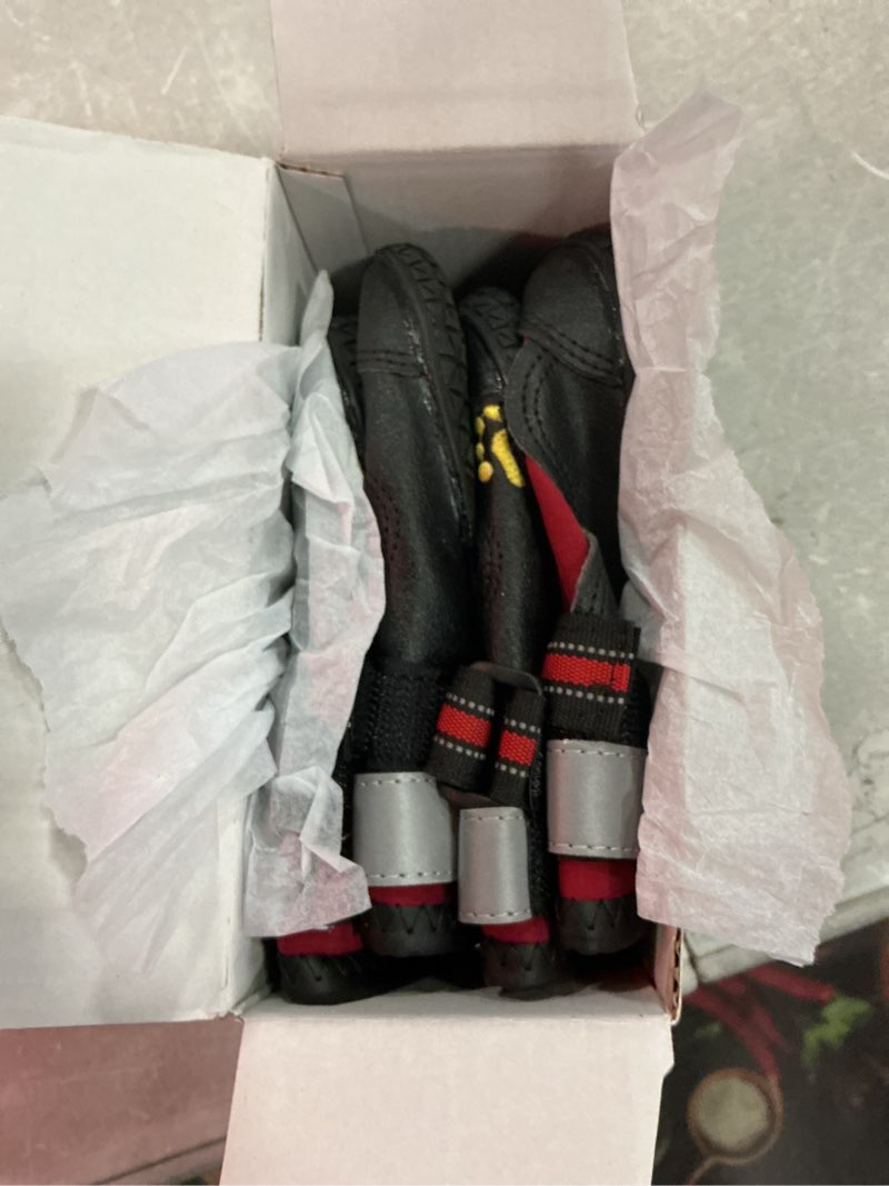 Condition photo showing Good Condition for qumy dog shoes for large dogs, medium dog boots & paw protectors for winter snowy day, summer hot pavement, water-resistant in rainy weather, outdoor walking, indoor hardfloors skid-resistant sole red size 8: 3.0''x3.3"(w*l) (pack of 4)
