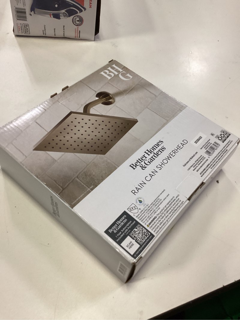 Condition photo showing New/Like New for better homes & gardens 1-setting 8 in. square rain showerhead in brushed nickel