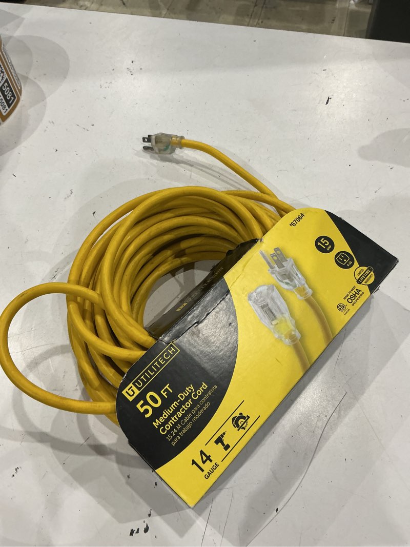 Condition photo showing As Is for utilitech pro 50-ft 14/3 3-prong outdoor sjtw medium duty lighted extension cord