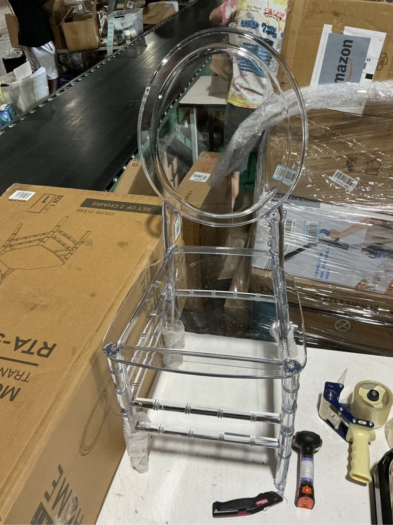 Condition photo showing Good Condition for chiavari style ghost chair, set of 2 stackable acrylic chairs, elegant design perfect for weddings, parties, events, extra dining seating, modern versatile for indoor/outdoor use (clear)