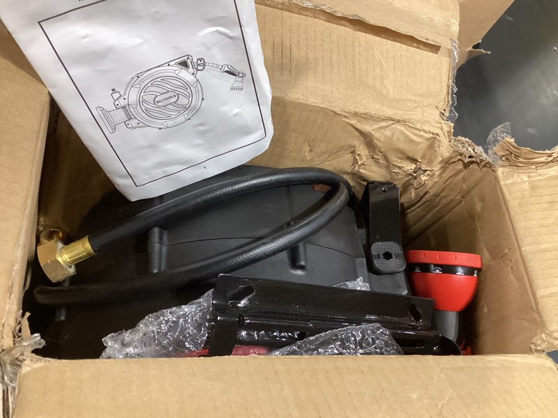 Condition photo showing Good Condition for bilitools retractable garden hose reel 1/2 in x 50 ft, wall mounted water hose reel with any length lock, slow auto rewind anti-tangle system, 180° swivel bracket & 10-pattern spray nozzle for yard 1/2" x 50ft black+red