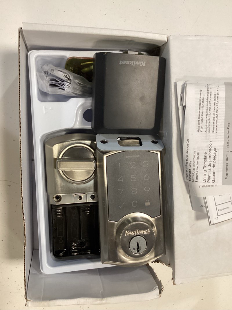 Condition photo showing As Is for kwikset smartcode 270 traditional satin nickel touchpad single cylinder electronic deadbolt featuring smartkey security