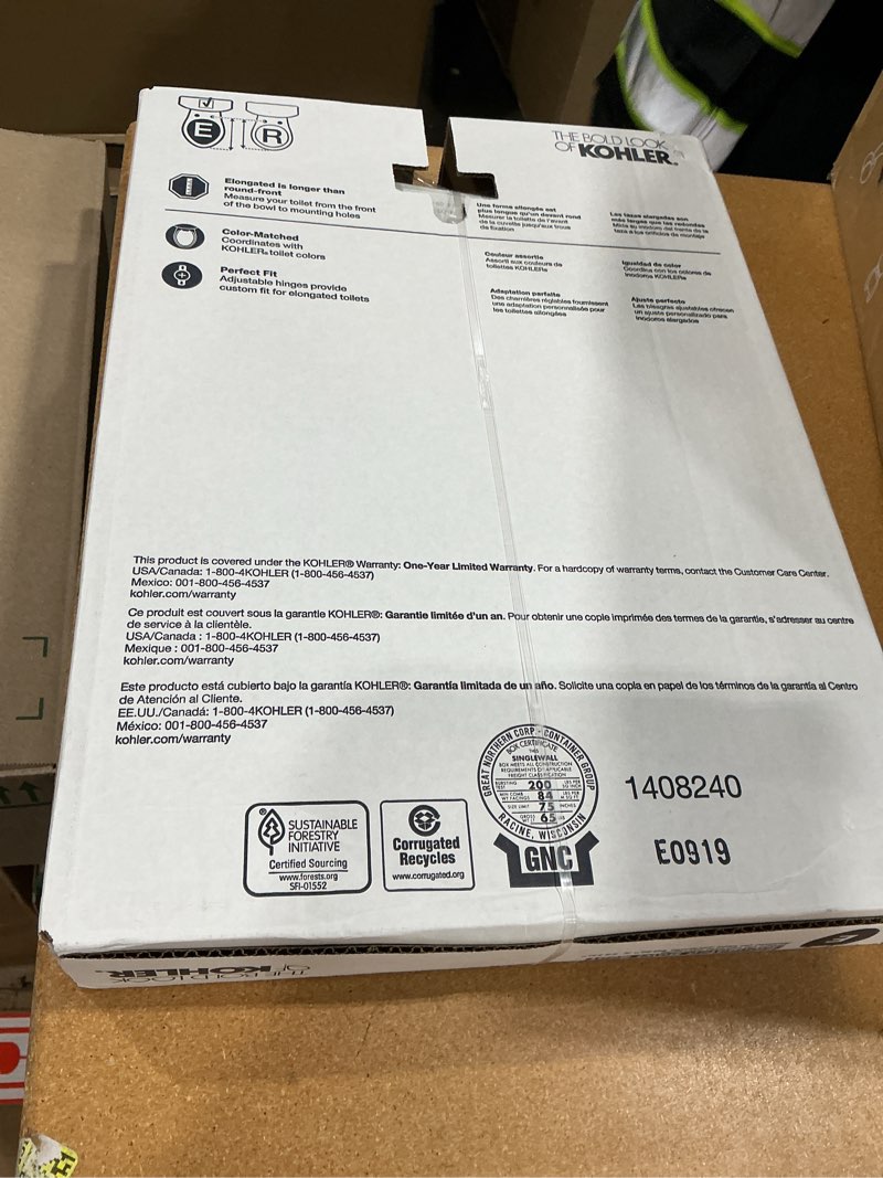 Condition photo showing Good Condition for kohler k-4774-0 brevia elongated white toilet seat with quick-release hinges and quick-attach hardware for easy clean, white