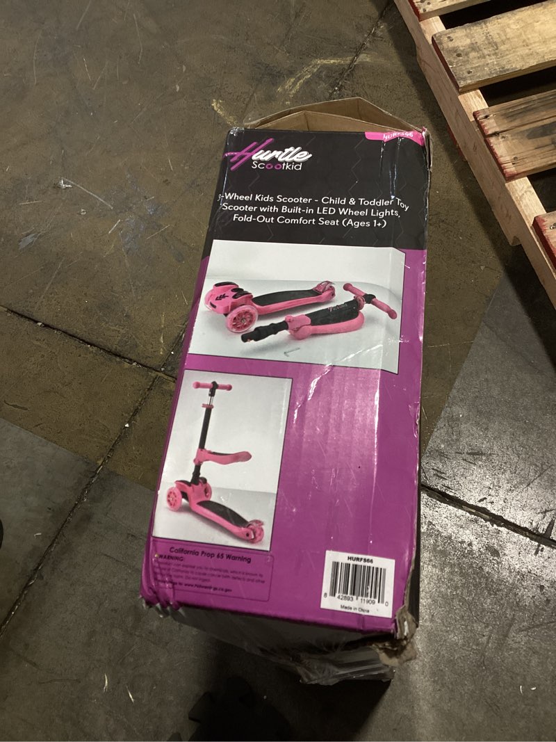 Condition photo showing As Is for hurtle 3-wheeled scooter for kids - wheel led lights, adjustable lean-to-steer handlebar, and foldable seat - sit or stand ride with brake for boys and girls ages 1-14 years old pink