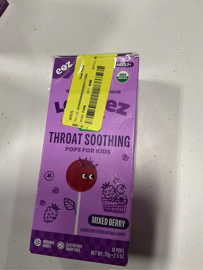 Condition photo showing New/Like New for lolleez organic throat soothing pops for kids  mixed berry  10ct