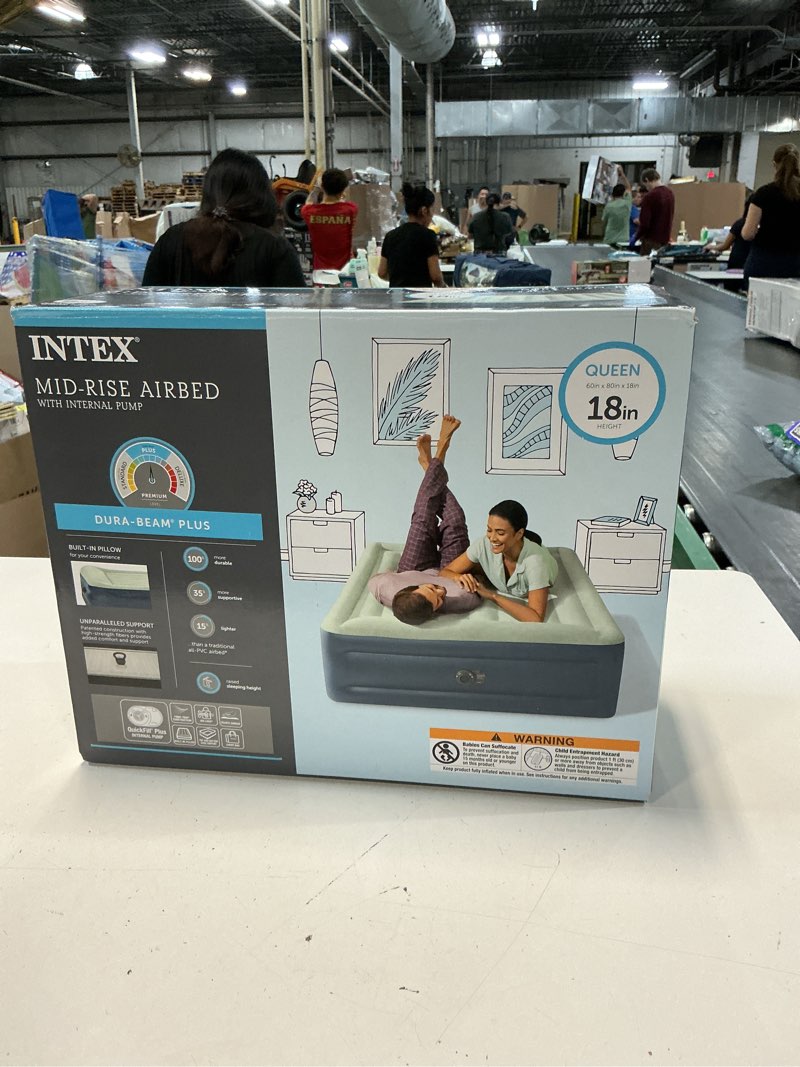 Condition photo showing New/Like New for intex elevated 18" pillow rest queen air mattress with internal pump - off-white/blue