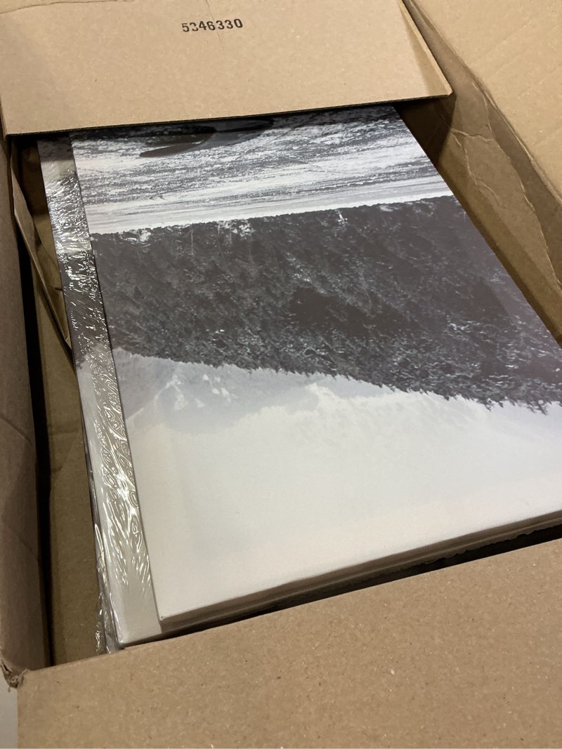 Condition photo showing New/Like New for wall art for living room 3 panel hockey stick and puck ice cool painting on canvas prints hockey on frozen lake pictures for living bedroom, office with wood framed stretched ready to hang 36" wx24 h 36"wx24"h artwork-09