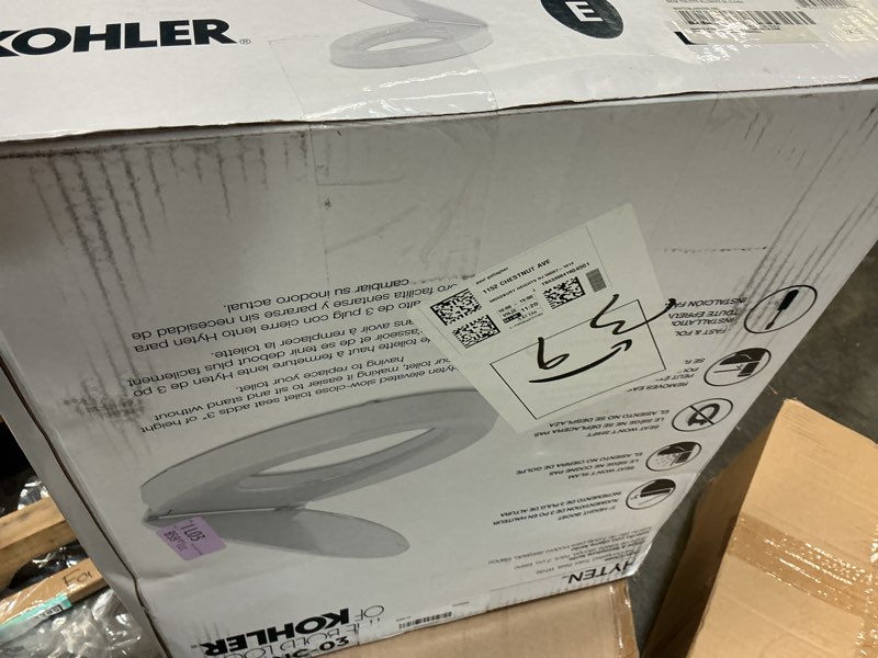 Condition photo showing New/Like New for kohler 25875-0 hyten 3" height, elevated soft close elongated toilet seat, contoured seat with grip-tight bumpers, quick-attach hardware, no slam toilet seat, white white elongated