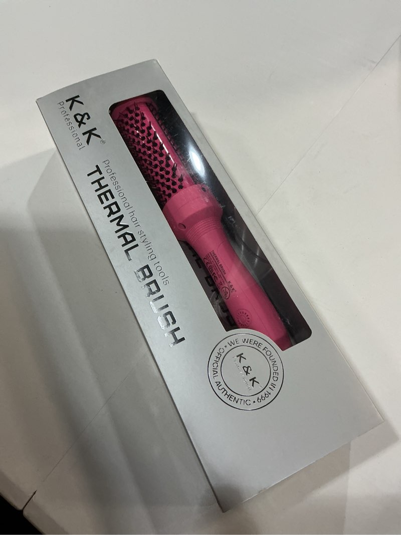 Condition photo showing New/Like New for k&k thermal brush, 1.5 inch ionic heated round brush, professional heated ceramic tourmaline coating curling iron, hot styling volumizing tool, dual voltage, pink