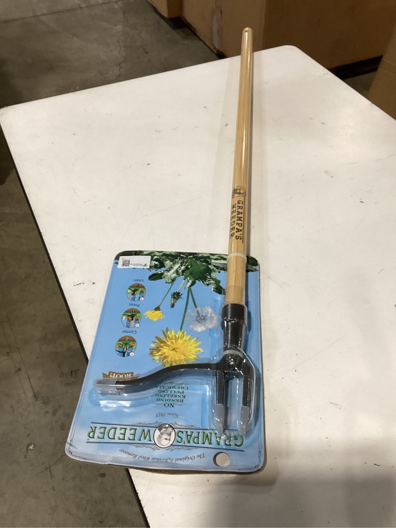 Condition photo showing As Is for grampa's weeder - the original stand up weed puller tool with long handle - made with real bamboo & 4-claw steel head design - easily remove weeds without bending, pulling, or kneeling.