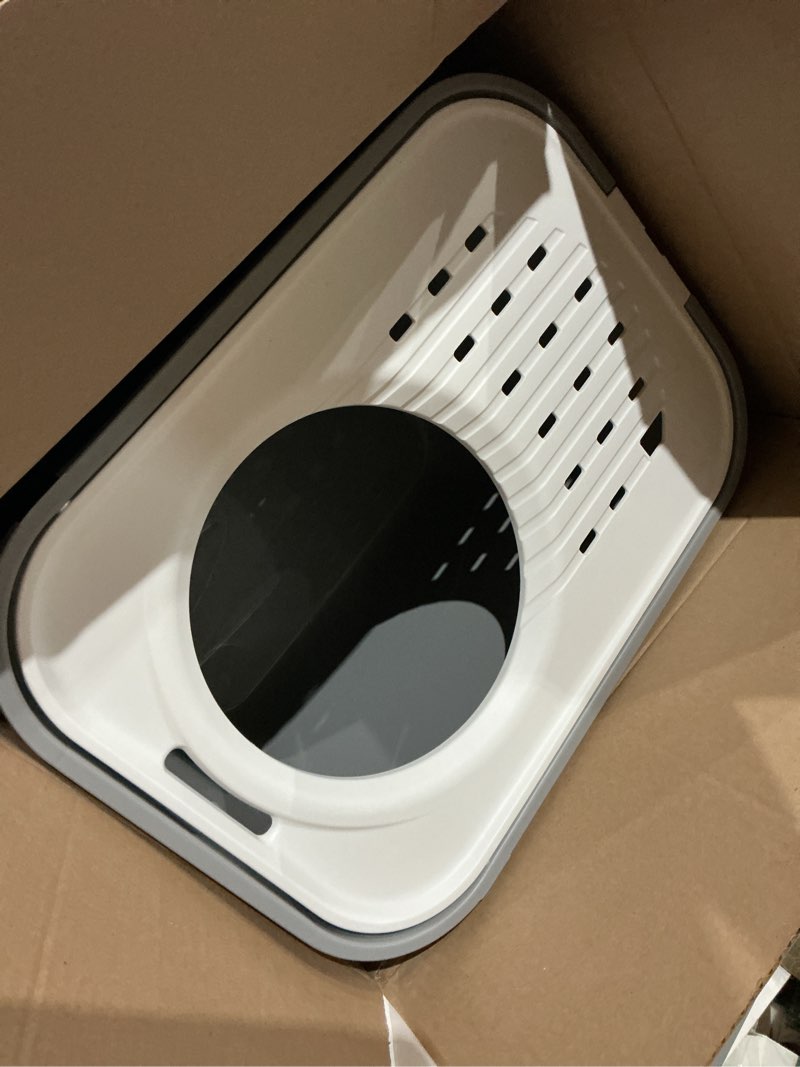 Condition photo showing As Is for iris usa cat litter box, large cat box enclosure, top entry with litter catching lid, enclosed, gray/white rectangular gray