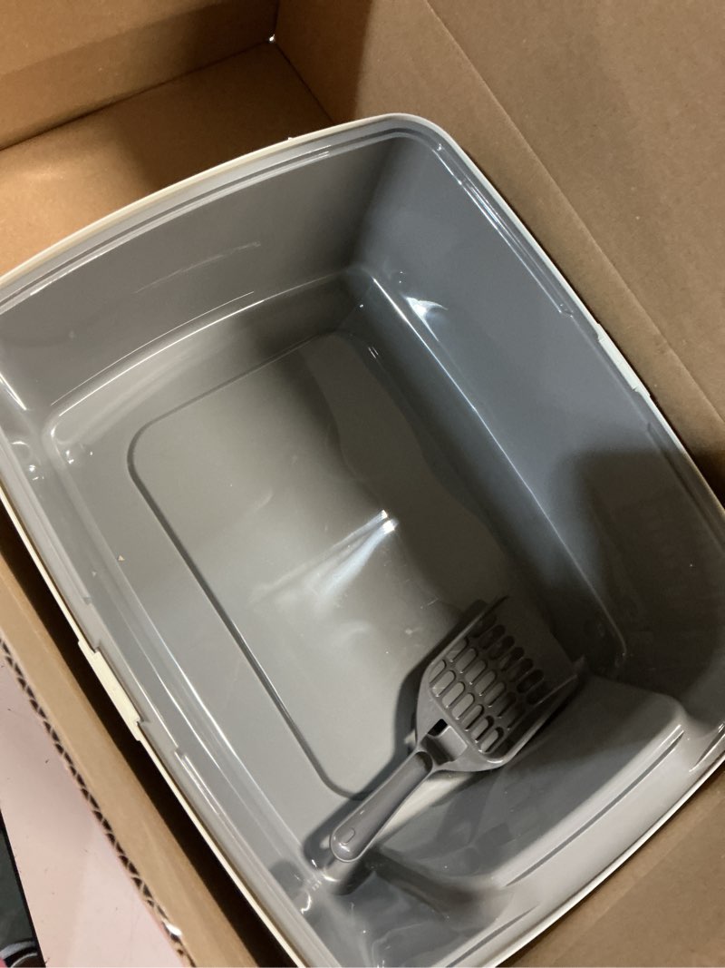 Condition photo showing New/Like New for amazon basics large cat litter box with high sides, open top for easy access, includes scoop with storage, 19" x 15" x 11.75", grey/beige grey/beige open top