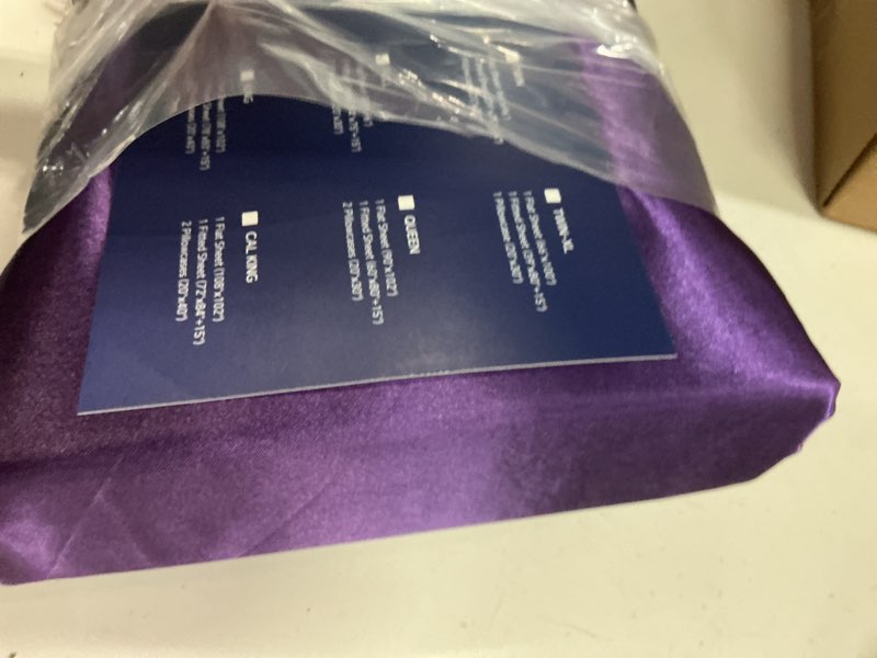 Condition photo showing Good Condition for bedelite satin sheets full size bed set, luxury soft plum purple sheets for hair and skin, similar to silk bed sheets set 4 pieces with 1 deep pocket fitted sheet, 1 flat sheet, and 2 pillowcases plum purple full