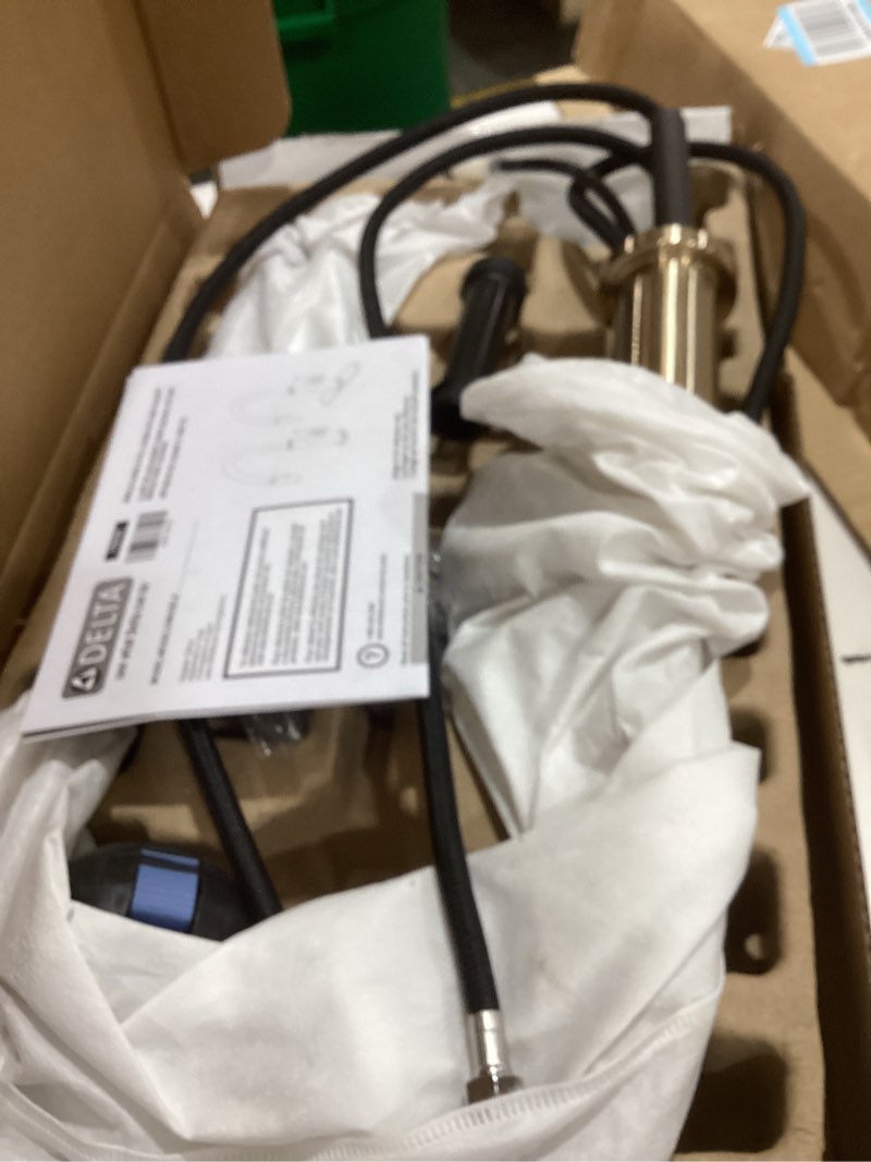 Condition photo showing As Is for delta nicoli brushed gold kitchen faucet with pull down sprayer, modern single hole kitchen sink faucet, single handle, champagne bronze 19867lf-cz
