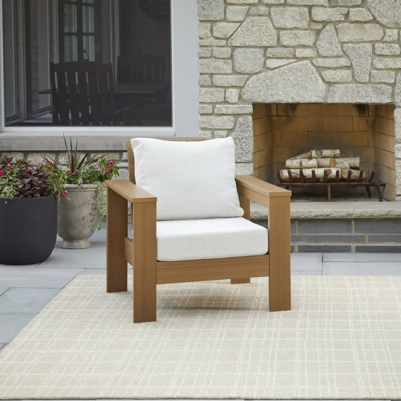better homes & gardens ezra outdoor hdpe club chair, teak with cream boucle cushions
