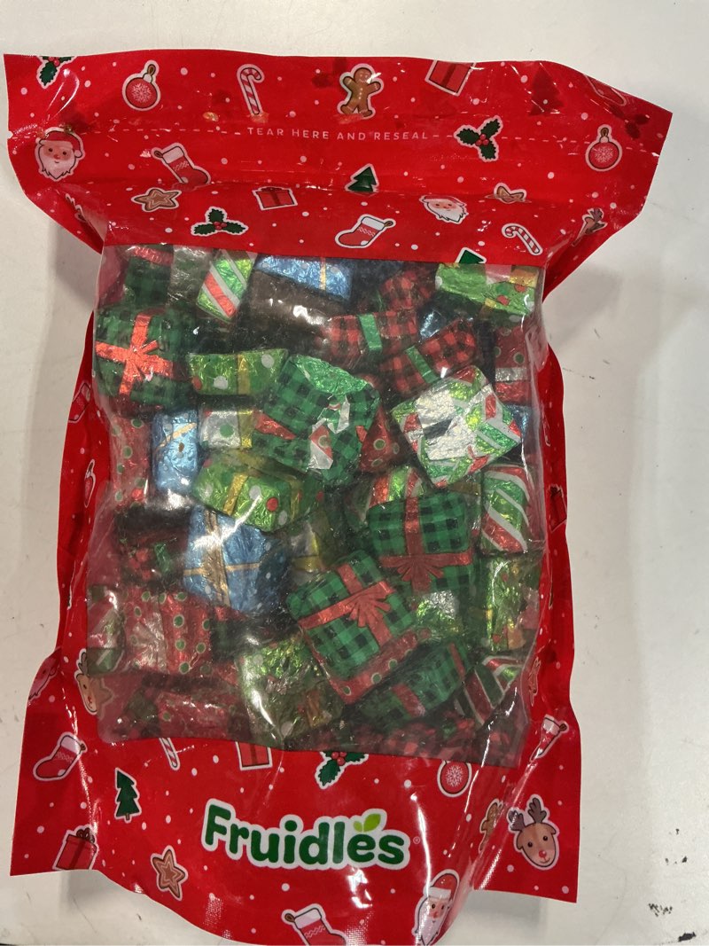 Condition photo showing New/Like New for (2027-11-02) Fruidles Rich Christmas Chocolate Presents Squares Design, Smooth & Creamy Chocolate Presents, Holiday Party Bag Fillers, Individually Wrapped Multicolor Foils, Kosher Certified Dairy (2 Pounds)