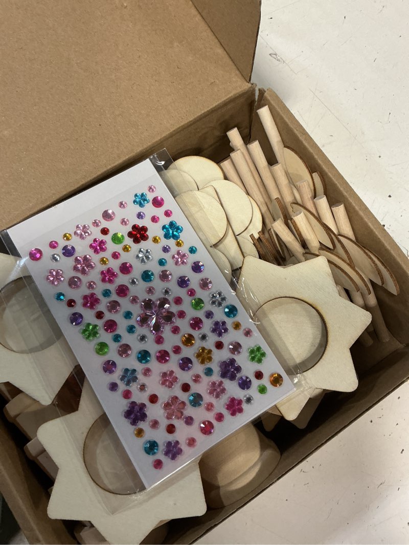 Condition photo showing Good Condition for 14 sets diy paintable wood flowers photo holders, mother's day crafts wooden flower picture frames, spring flower pot unfinished wood ornament with gems stickers for painting mothers day birthday gift