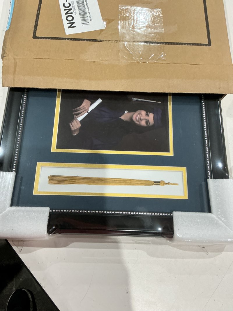 Condition photo showing Good Condition for graduationmall 11x22 black diploma frame with tassel holder and picture for 8.5x11 certificate 5x7 photo,real glass,navy over gold mat