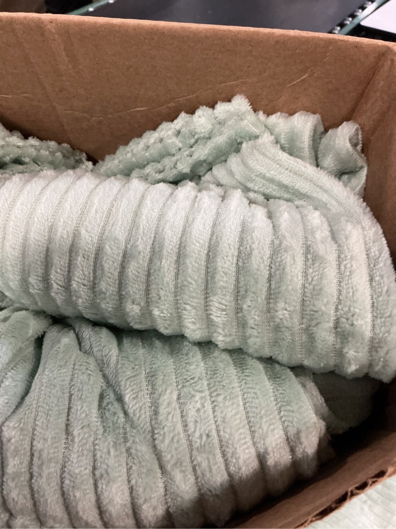Condition photo showing Good Condition for buryeah 12 pcs flannel throw blanket bulk 50 x 60 inch wedding throw blanket soft lightweight winter blankets with striped ribbed for sofa room couch donation homeless gifts (sage green)