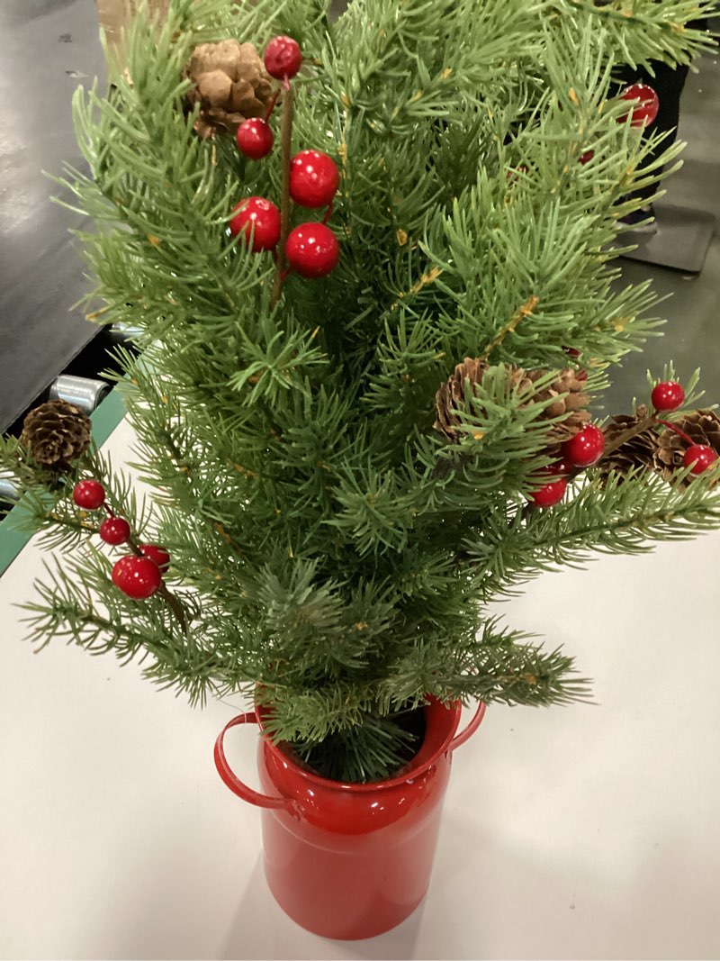 Condition photo showing As Is for 24" Tabletop Trees with Red Pot, Pine Cones, Berries Decor, 2ft Mini Artificial Tree Decoration for Bedroom Kitchen Living Room Farmhouse Fireplace