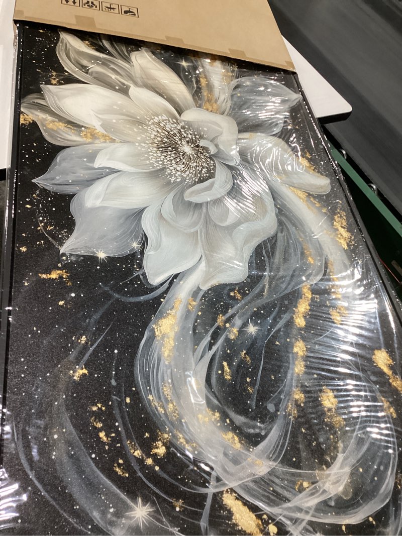 Condition photo showing New/Like New for QZQCBLC Large Framed Wall Art, Black and White Lotus Wall Art Modern Abstract Flower Pictures Gold Silver Canvas Painting Artwork for Living room Bedroom kitchen Home Office Decor 29x58 IN 58"L x 29"W Black and White